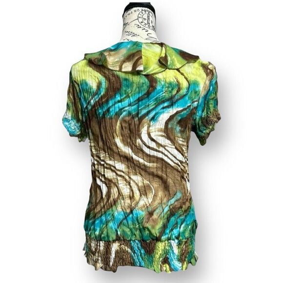 Allison Taylor M Green Brown V-Neck Ruffle Blouse Boho Festival Y2K Flowy Summer - Picture 6 of 9